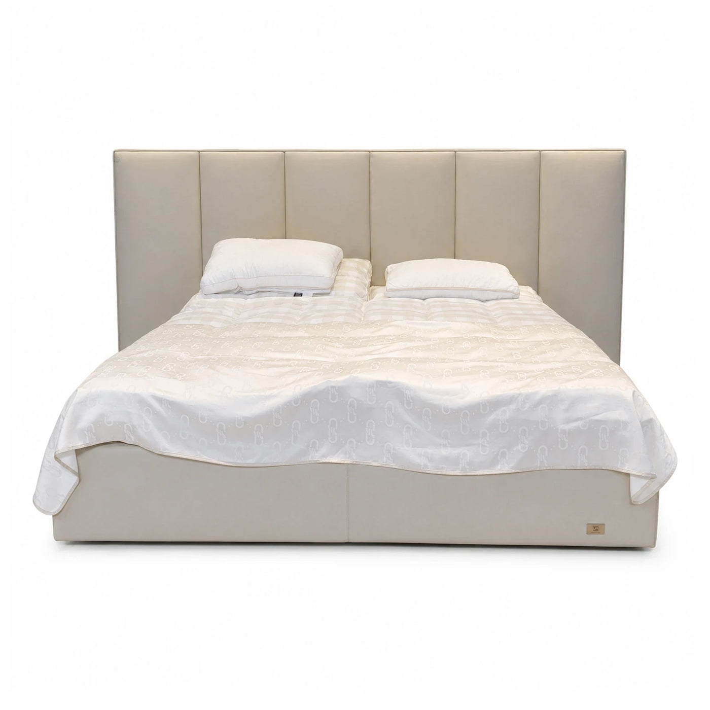 Beige Upholstered Platform Bed with Tall Paneled Headboard