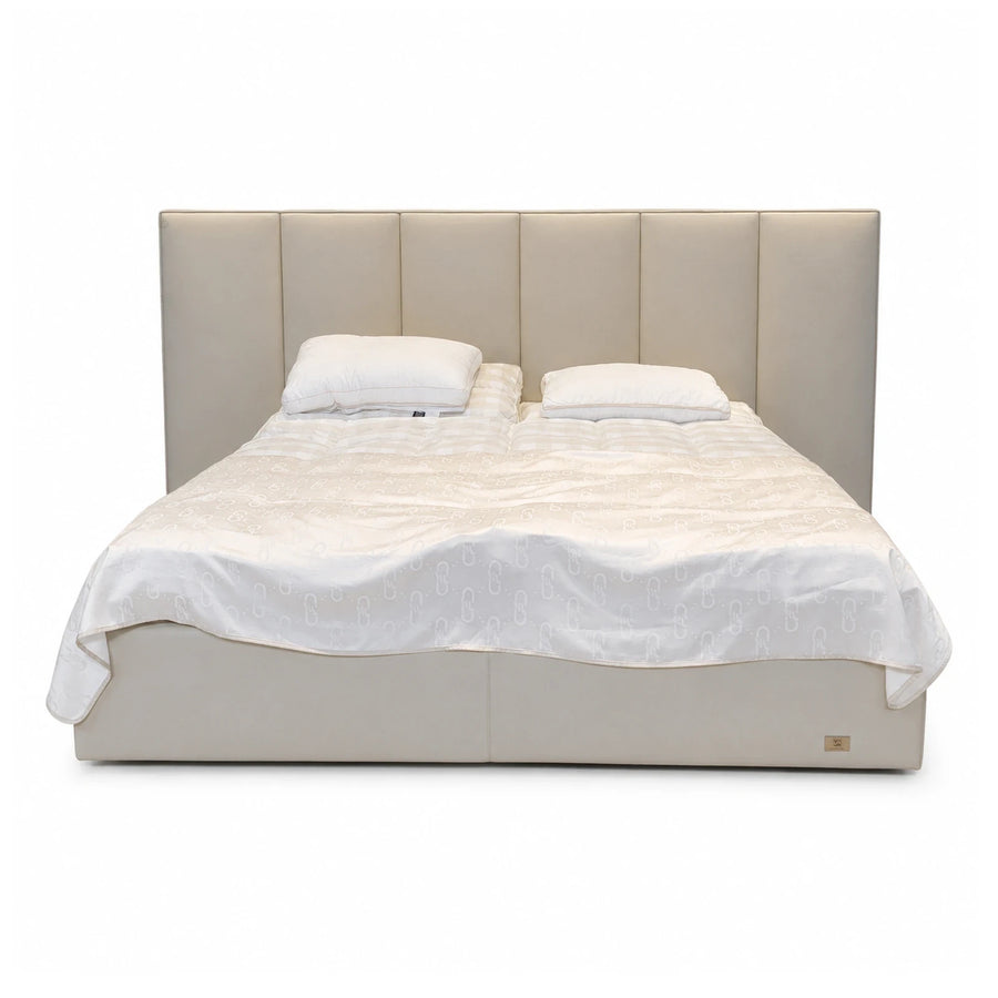 Beige Upholstered Platform Bed with Tall Paneled Headboard