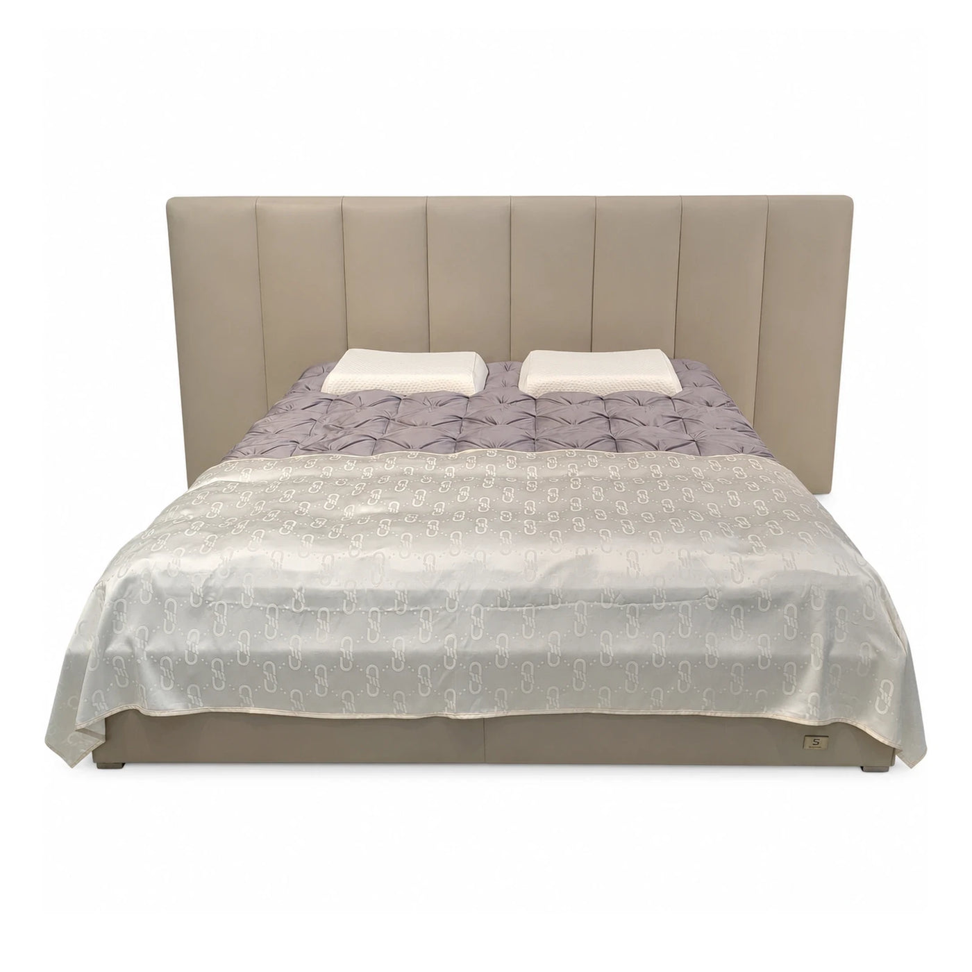 Beige Upholstered Platform Bed with Vertical Channel Headboard