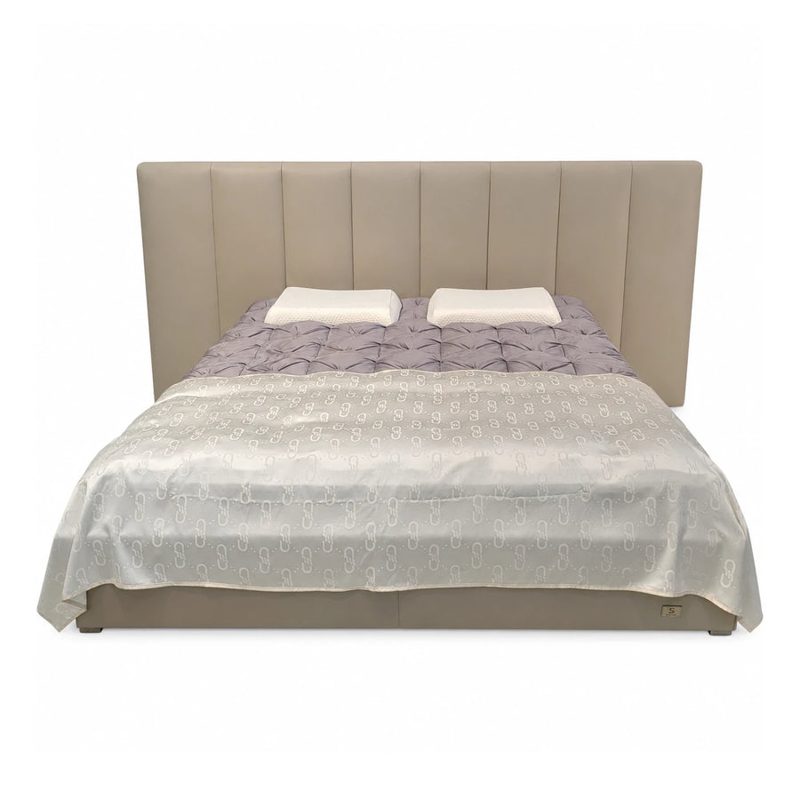 Beige Upholstered Platform Bed with Vertical Channel Headboard