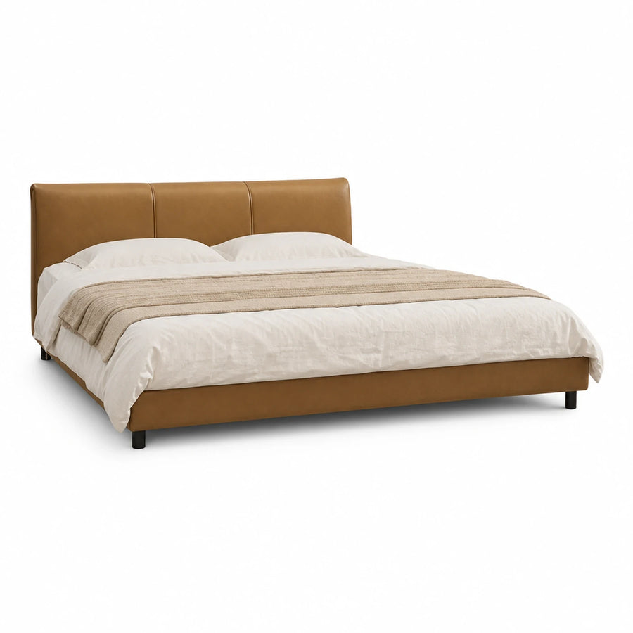 Brown Linear Tan Leather Upholstered Platform Bed with Padded Headboard Beds & Headboards