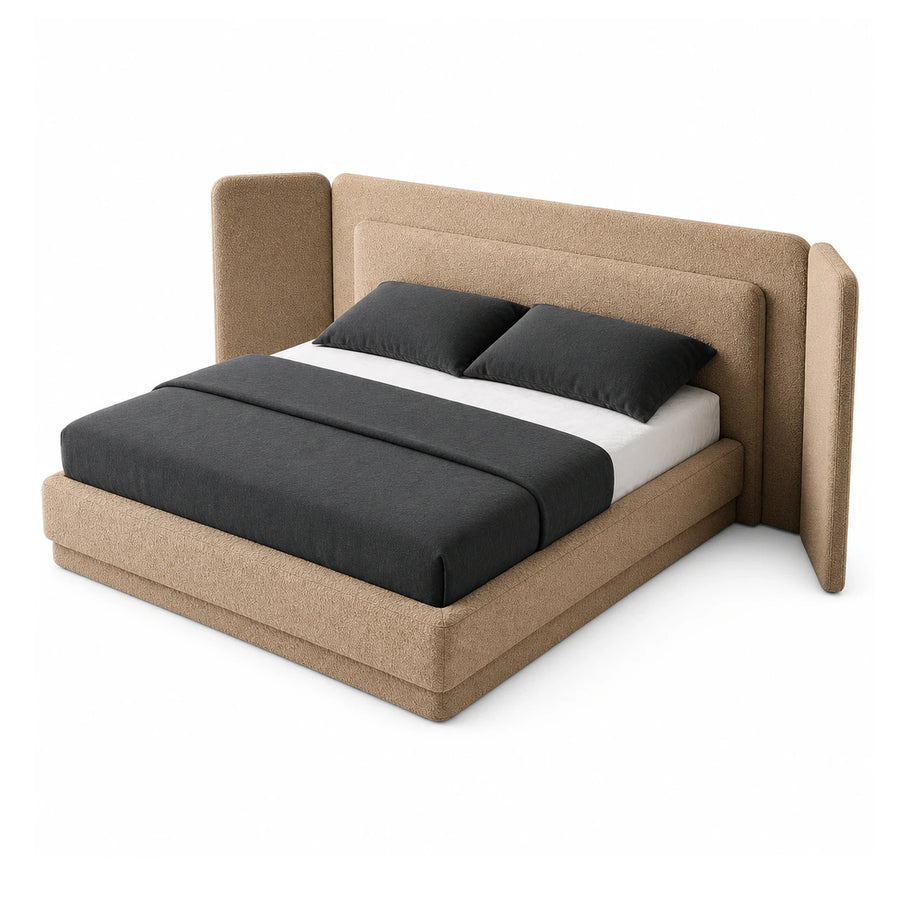 Beige Boucle Upholstered Platform Bed with Winged Headboard