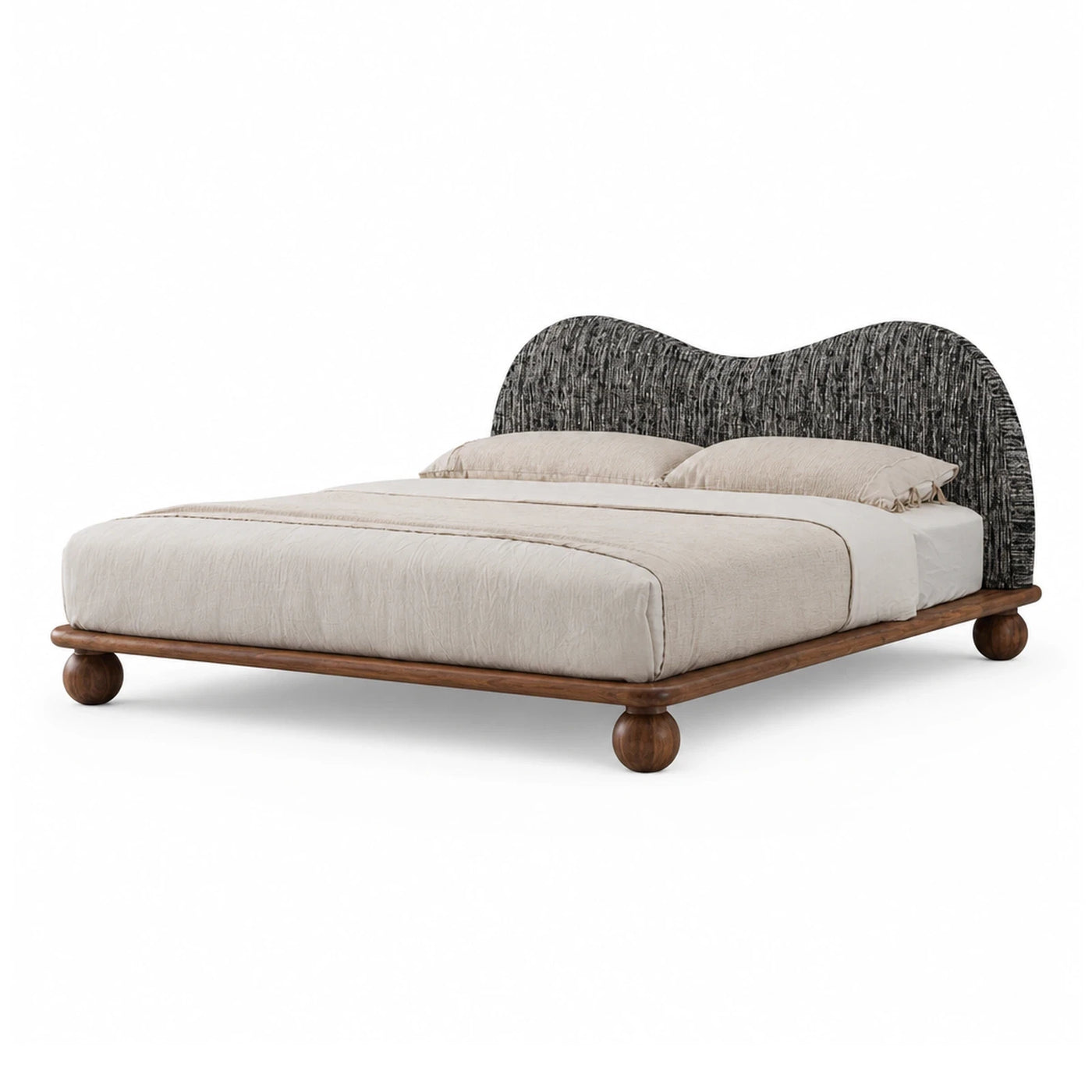 Wavy Headboard Bed with Wooden Base and Ball Feet