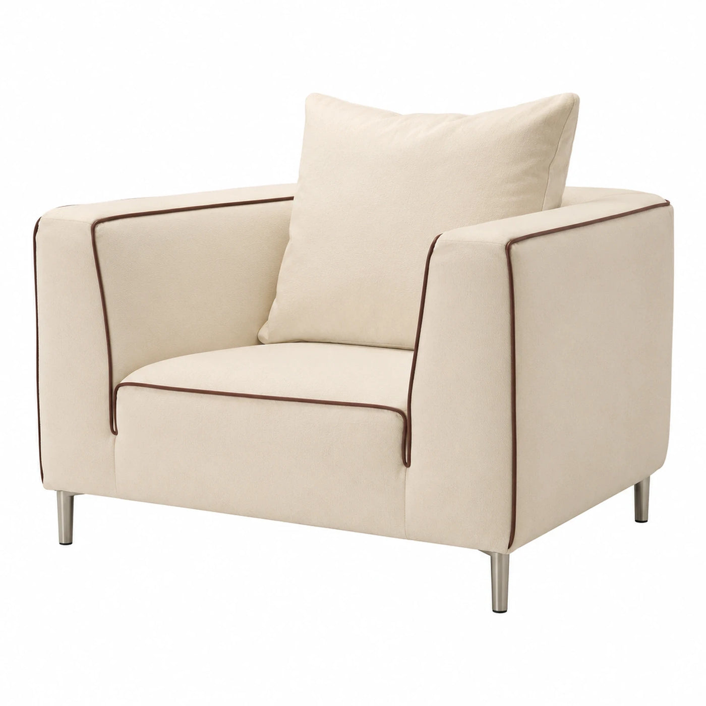 Cream Fabric Armchair with Brown Piping and Metal Legs