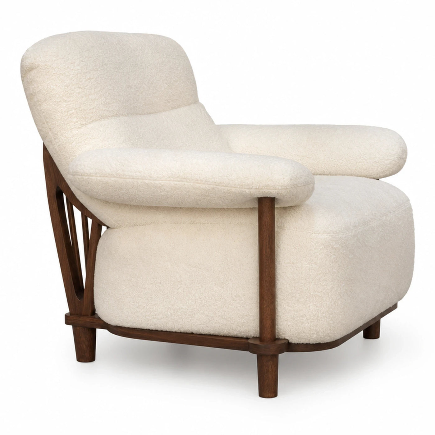 Cream Boucle Lounge Chair with Walnut Wood Frame