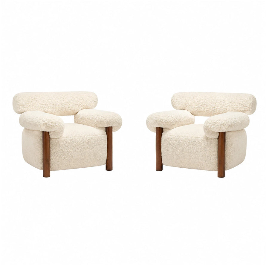 Linear Cream Boucle Armchair with Wooden Legs
