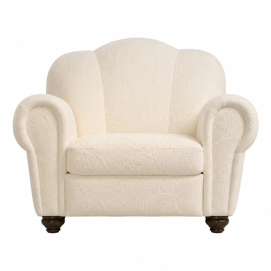 Cream Floral Embossed Fabric Armchair with Rolled Arms