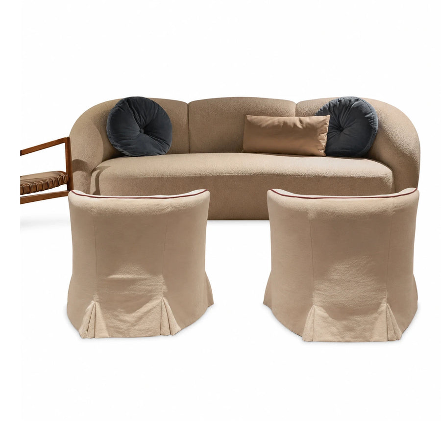 Beige Boucle Curved Sofa Set with Skirted Chairs