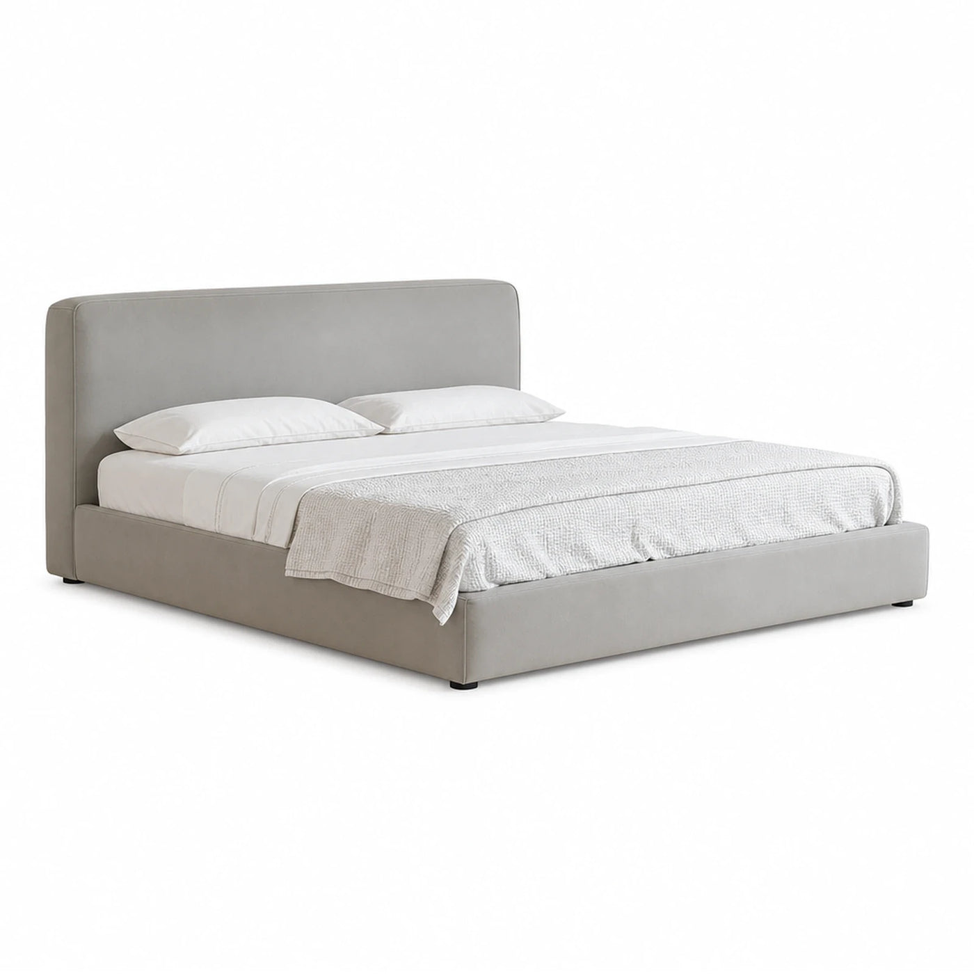 Grey Upholstered Platform Bed with Low Profile Headboard
