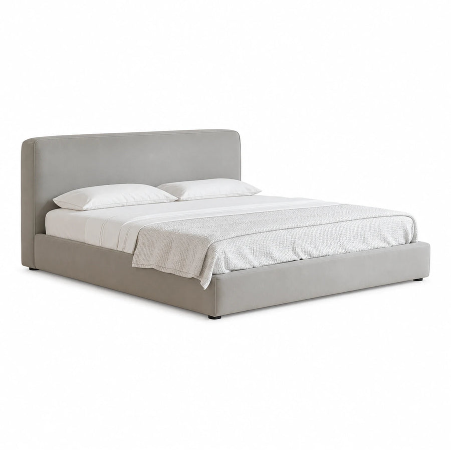 Grey Upholstered Platform Bed with Low Profile Headboard