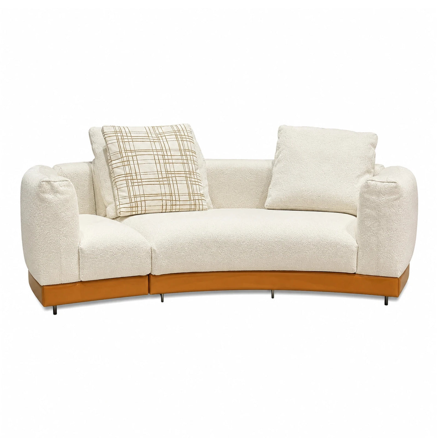 Cream Boucle Sofa with Leather Base and Plaid Pillow