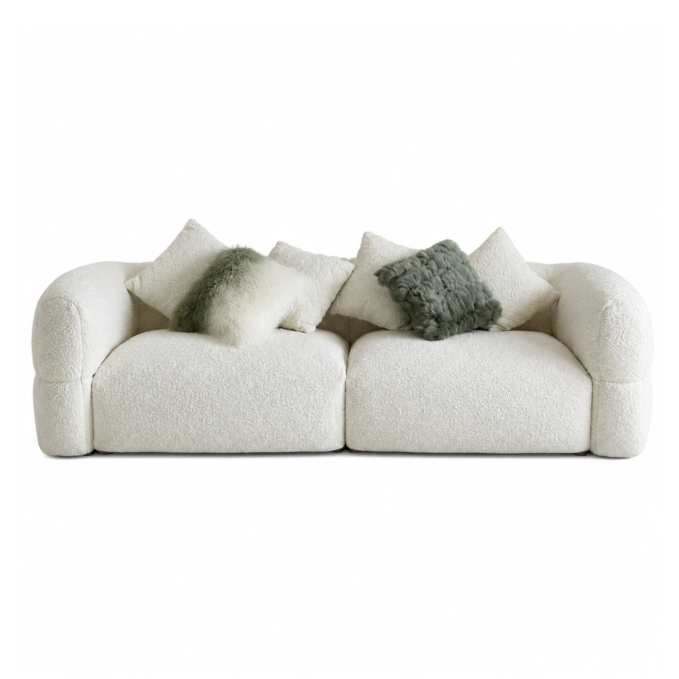 Cream Boucle Modular Sofa with Green Accent Pillows