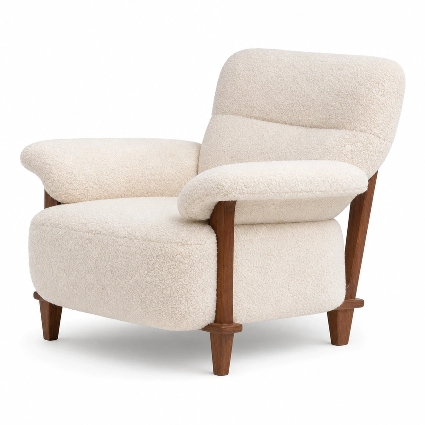 Cream Boucle Armchair with Wooden Frame