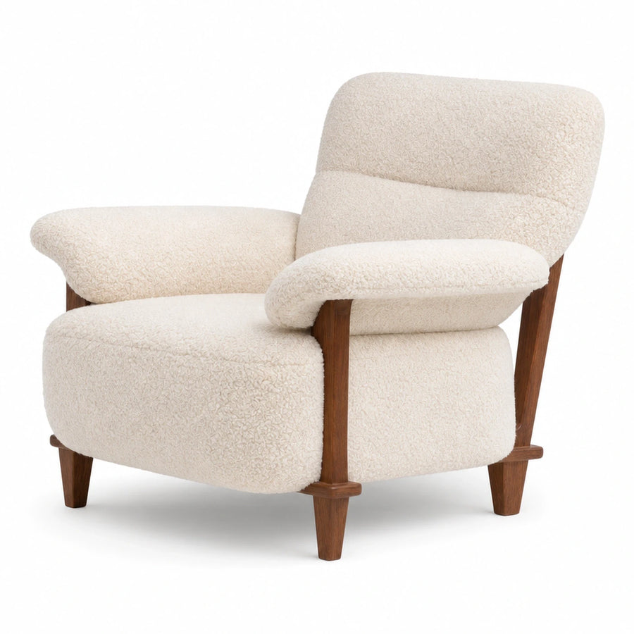 Cream Boucle Armchair with Wooden Frame