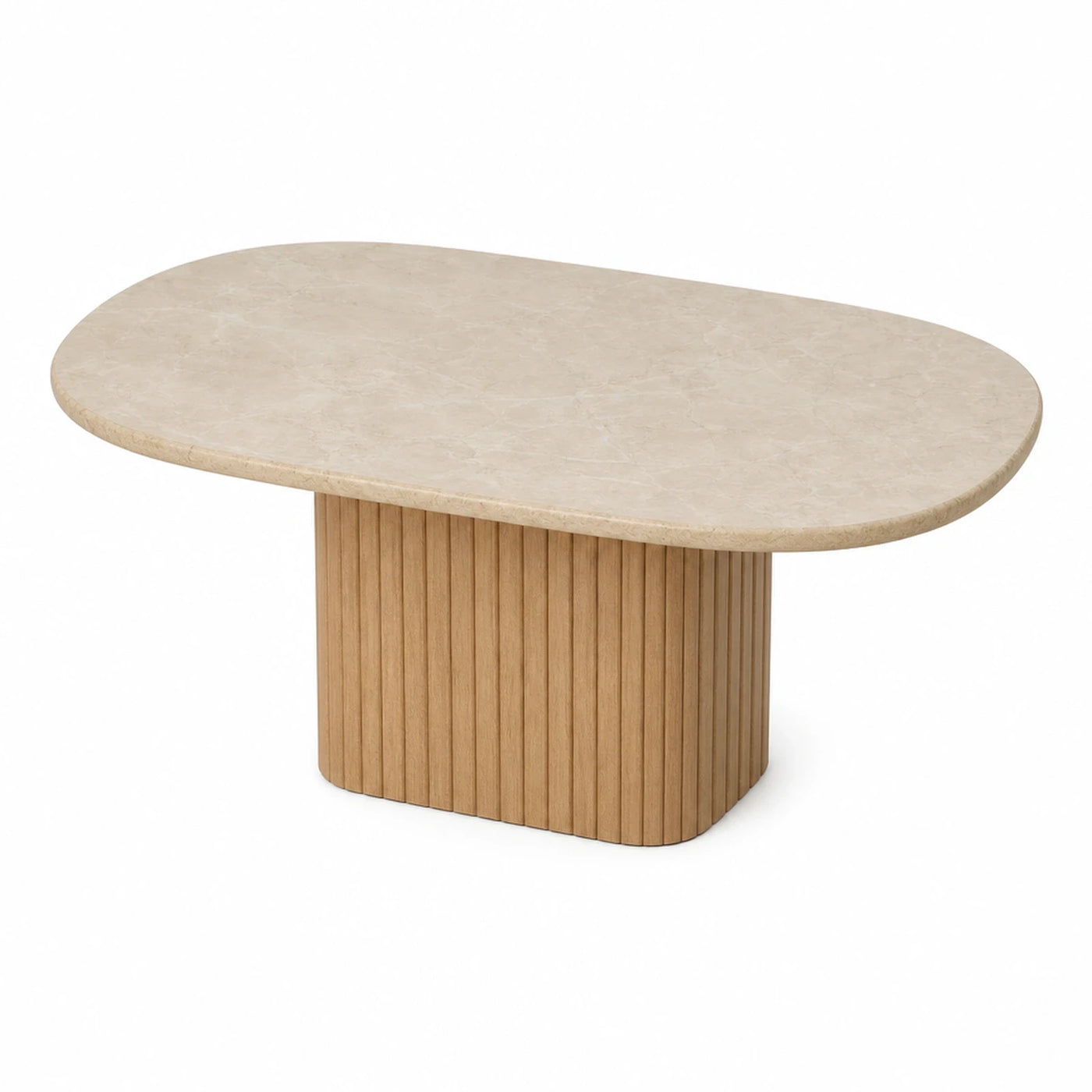 Oval Marble Top Coffee Table with Fluted Wood Base