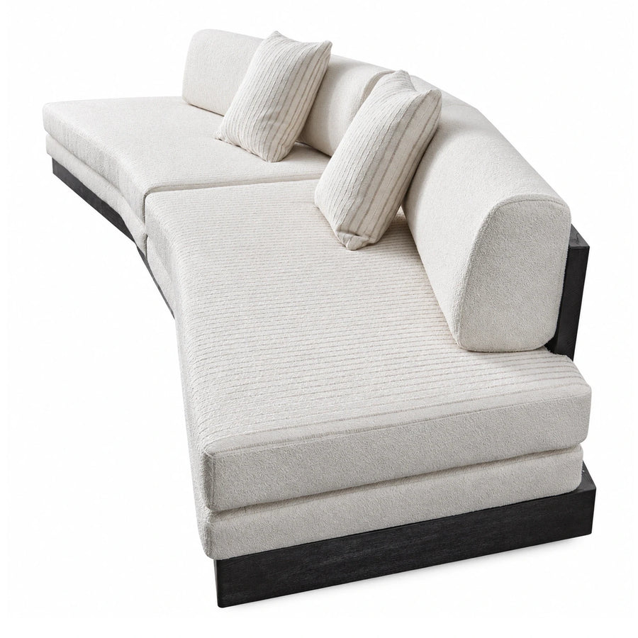 Cream Boucle Curved Sectional Sofa with Dark Wood Base