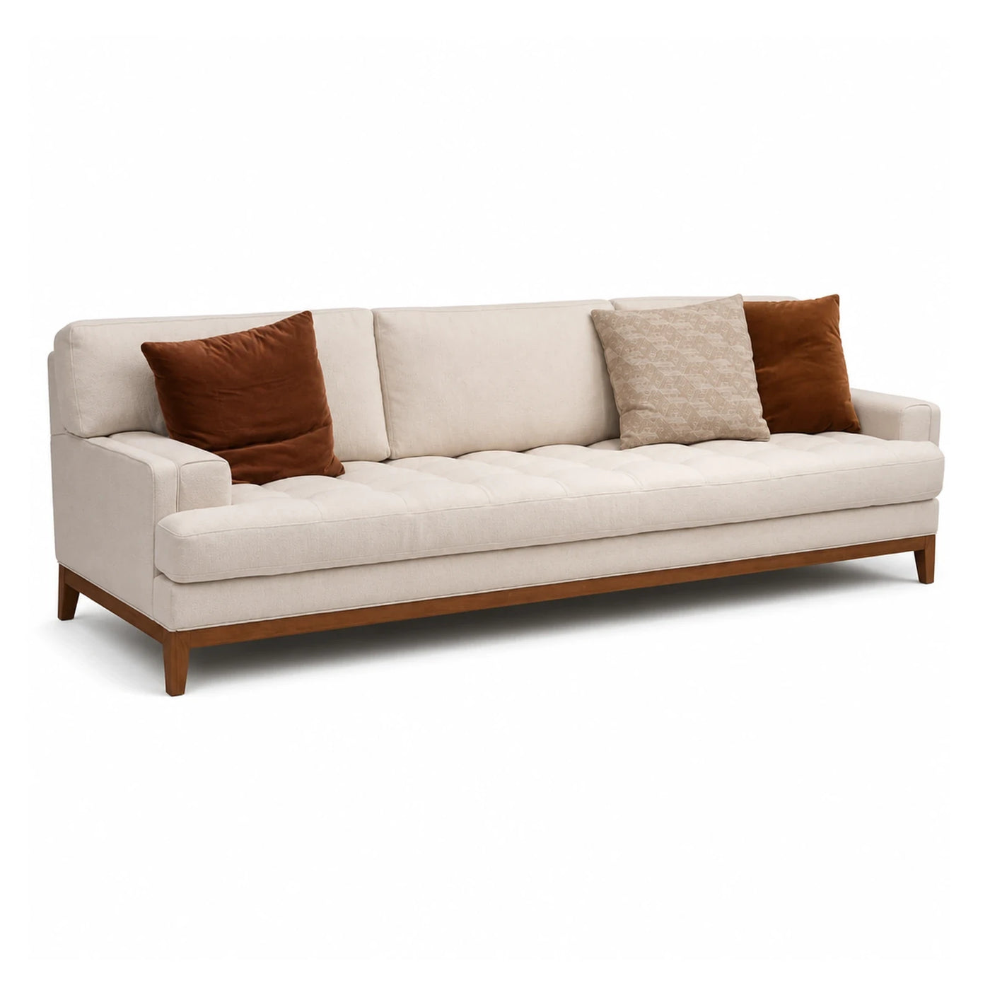 Cream Fabric Sofa with Wooden Base and Tufted Seat