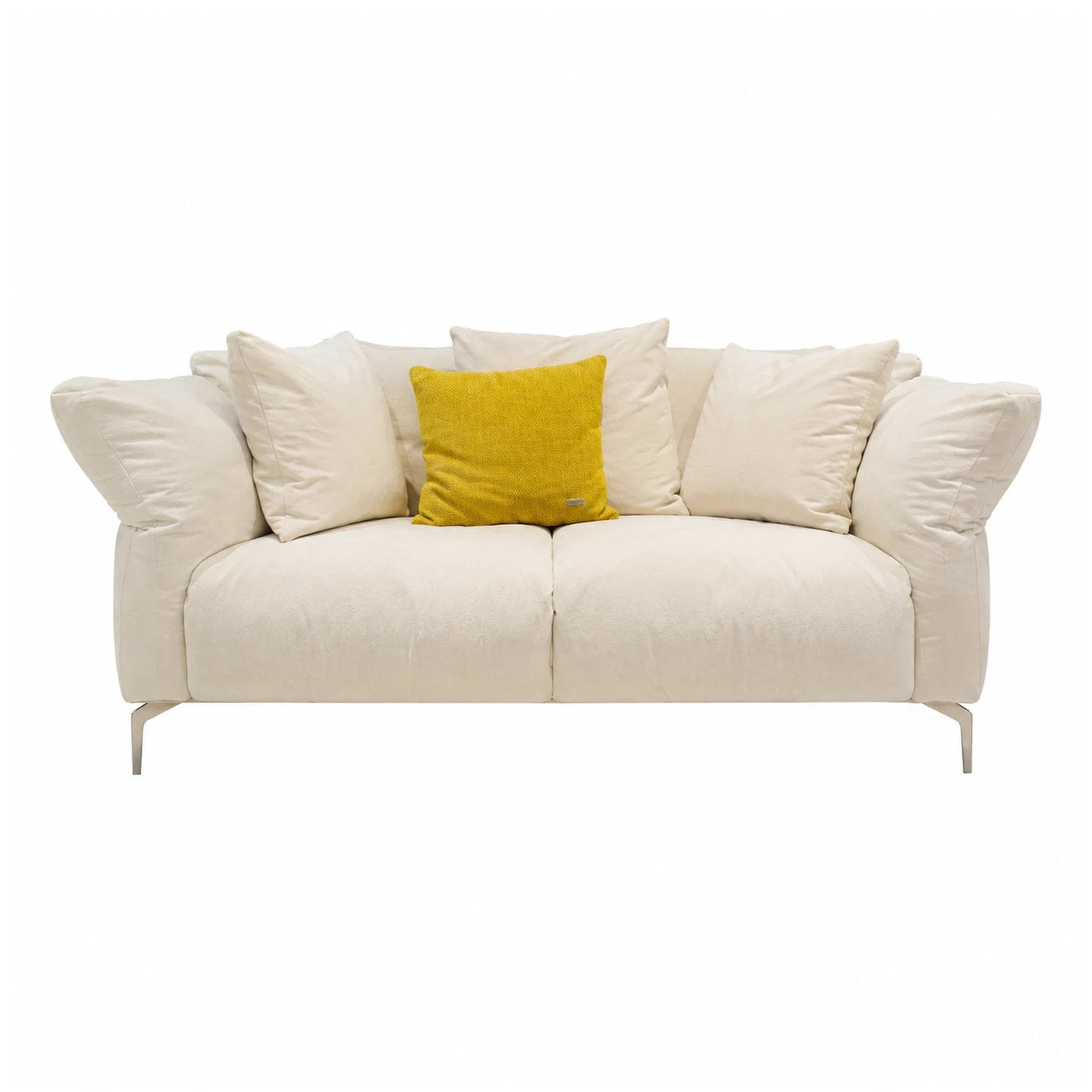 Cream Fabric Sofa with Metal Legs and Yellow Accent Pillow