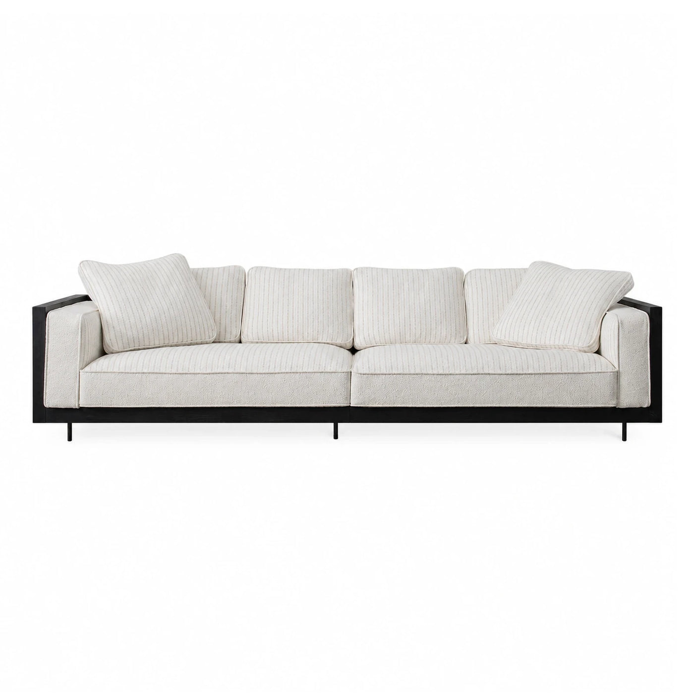 Modern Cream Striped Fabric Sofa with Dark Wood Frame