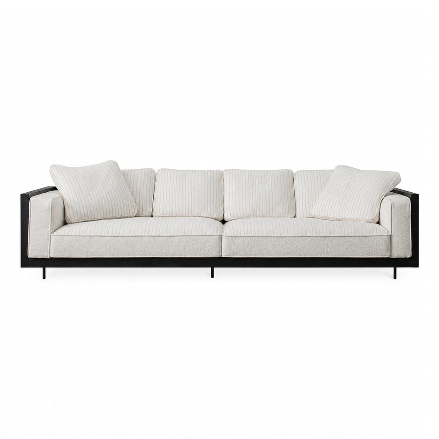 Modern Cream Striped Fabric Sofa with Dark Wood Frame