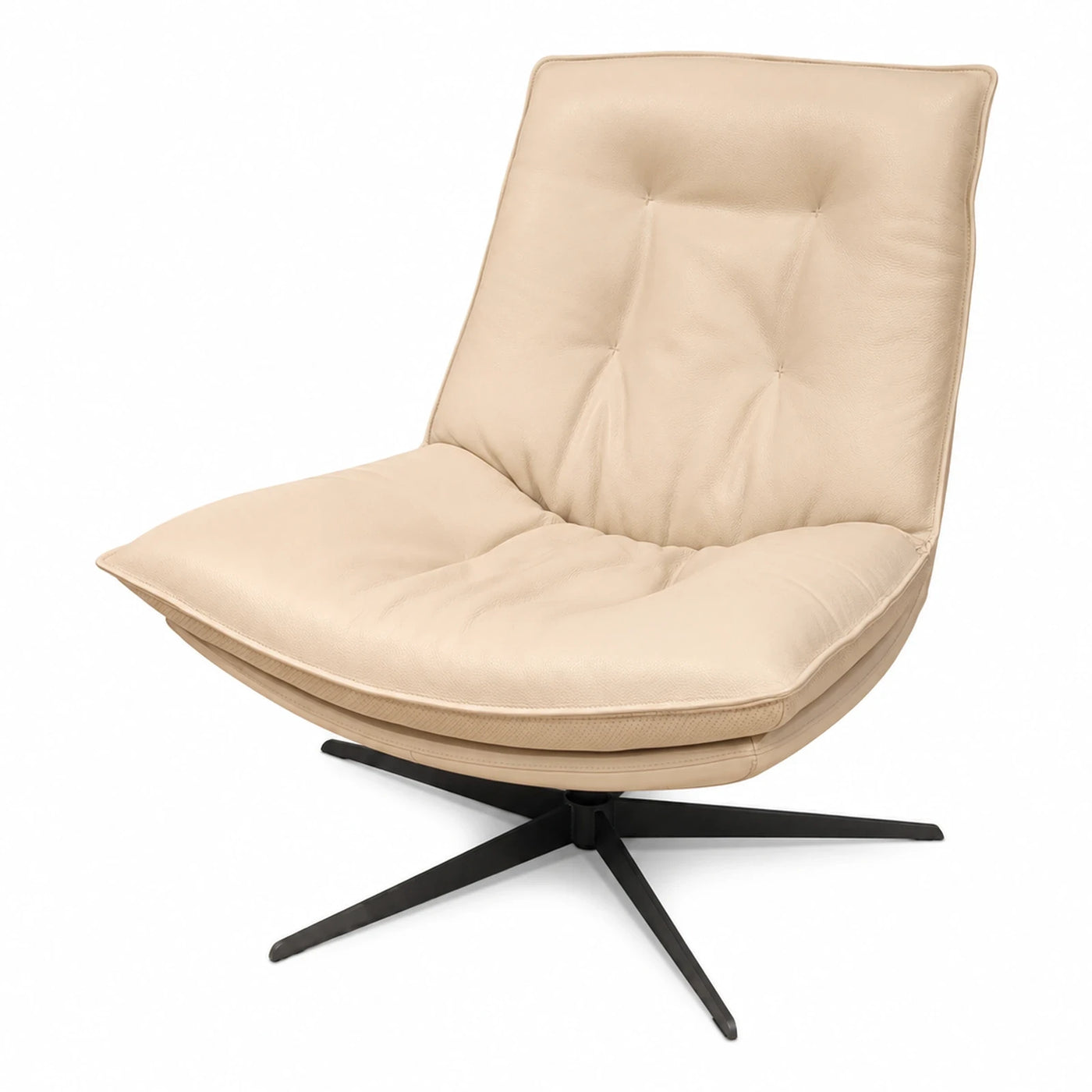 Wide Plank Cream Leather Swivel Lounge Chair with Black Base