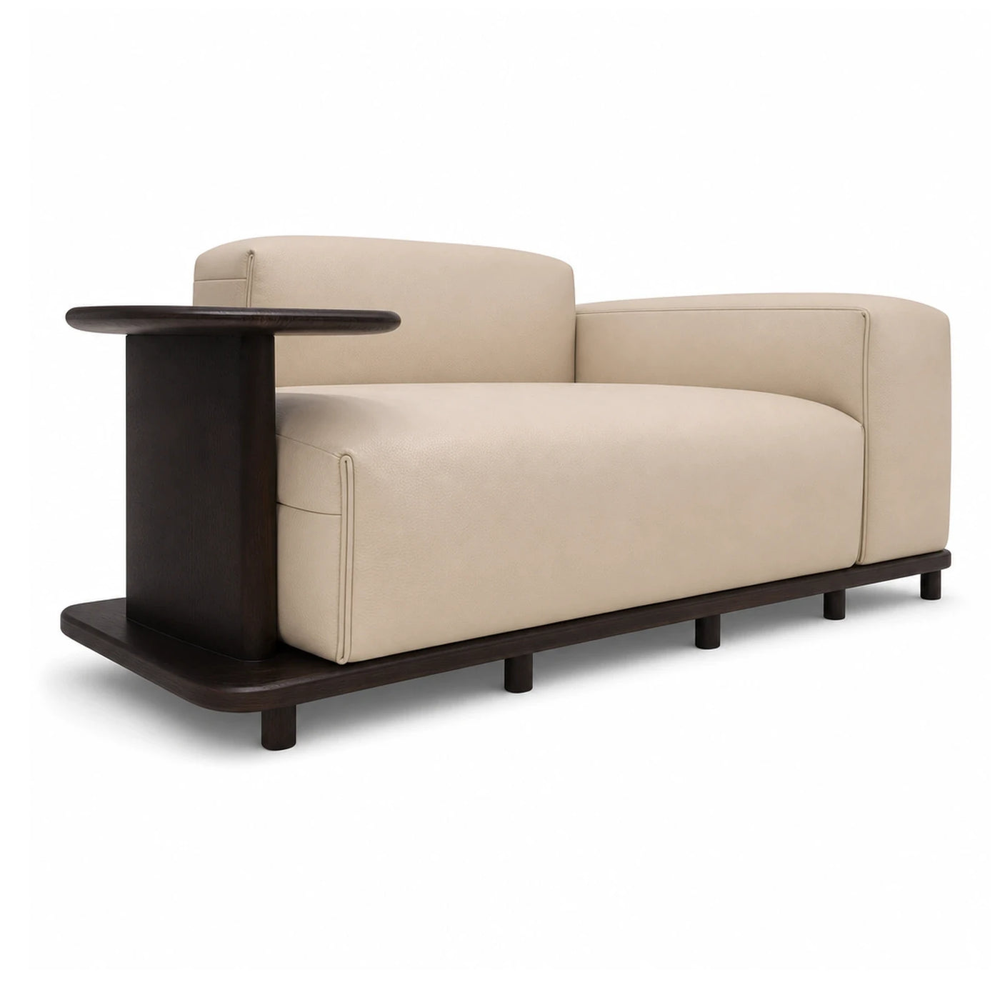 Cream Leather Sofa with Dark Wood Side Table