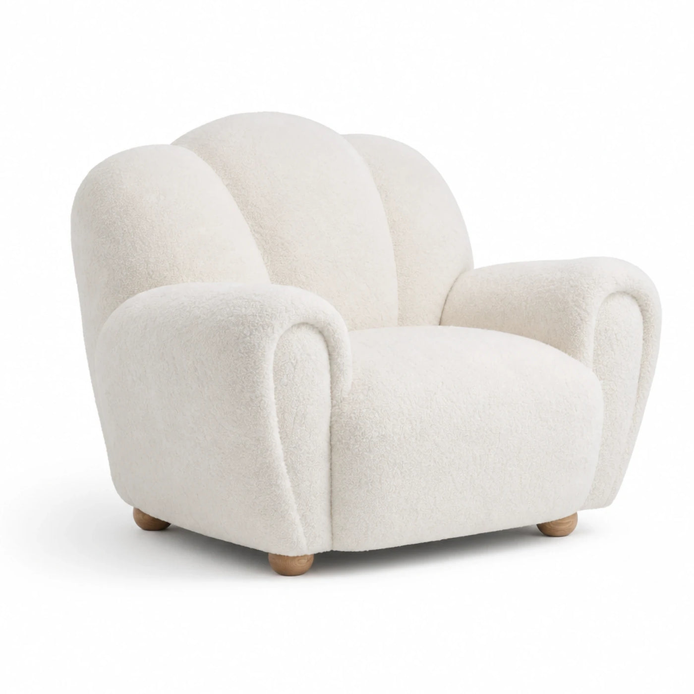 Cream Boucle Shell Armchair with Wooden Legs