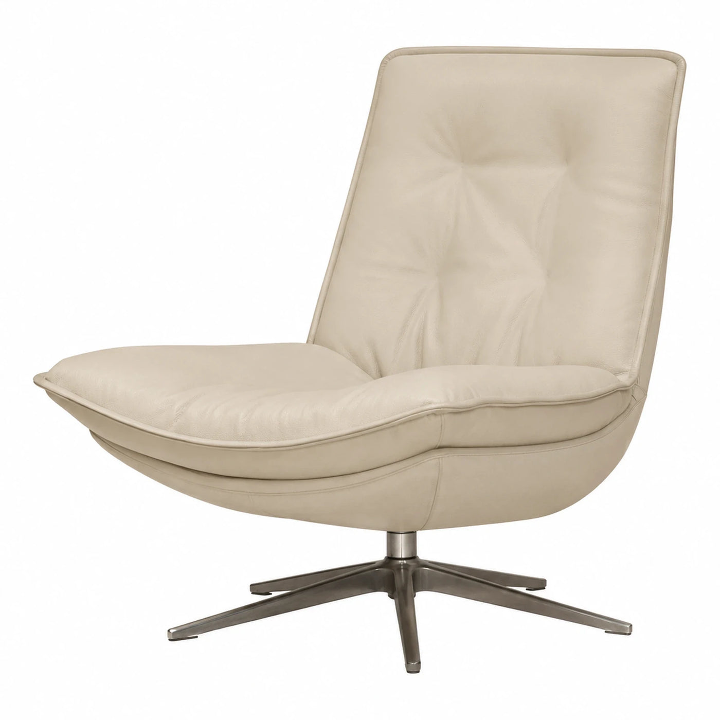 Cream Leather Swivel Lounge Chair with Metal Base