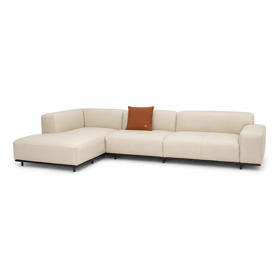 Cream Leather L-Shaped Sectional Sofa with Chaise