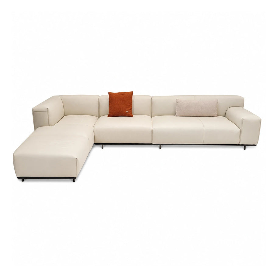 Cream Leather L-Shaped Sectional Sofa with Chaise