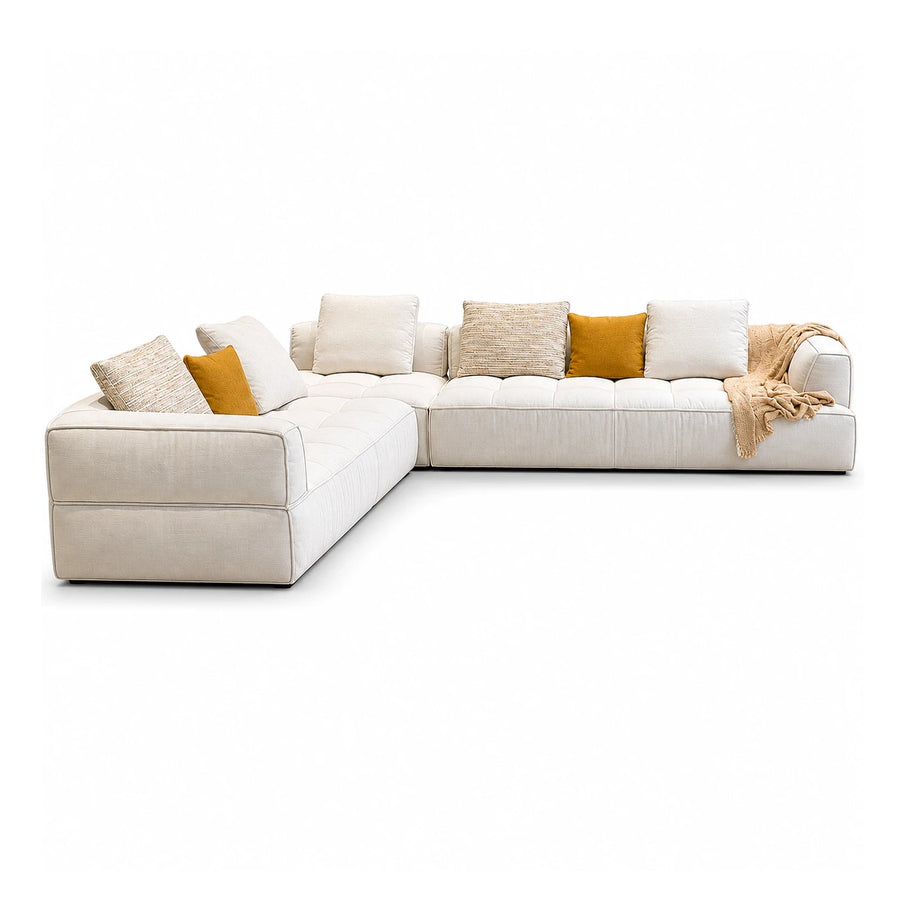 Cream Fabric L-Shaped Sectional Sofa with Pillows