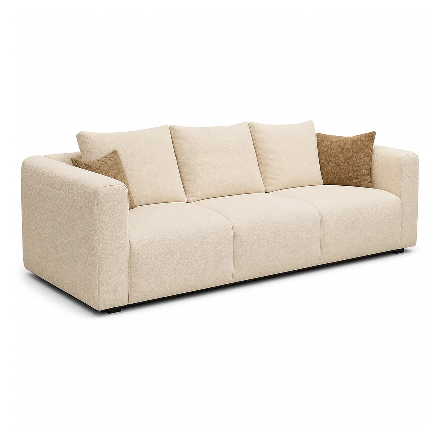 Cream Boucle Three-Seater Sofa with Throw Pillows