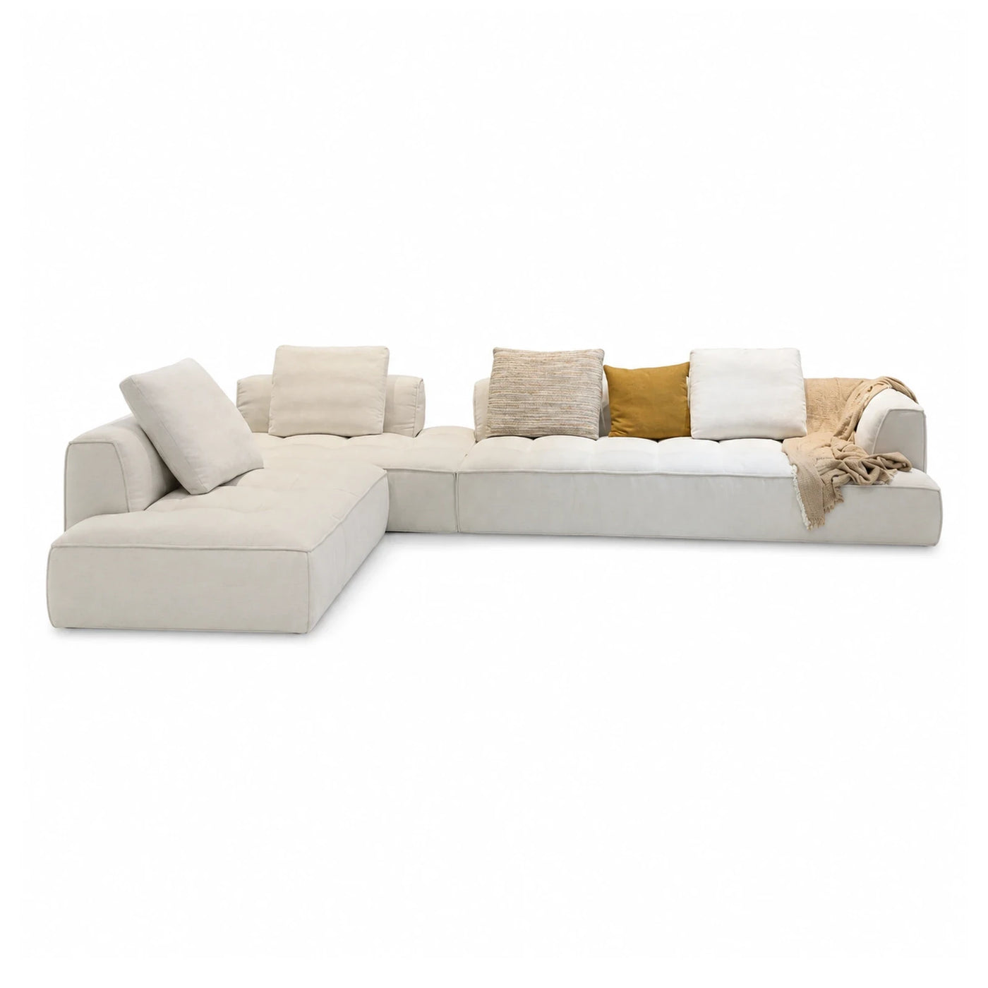 Fabric Wide Plank Cream Modular Sectional Sofa with Chaise Sectionals