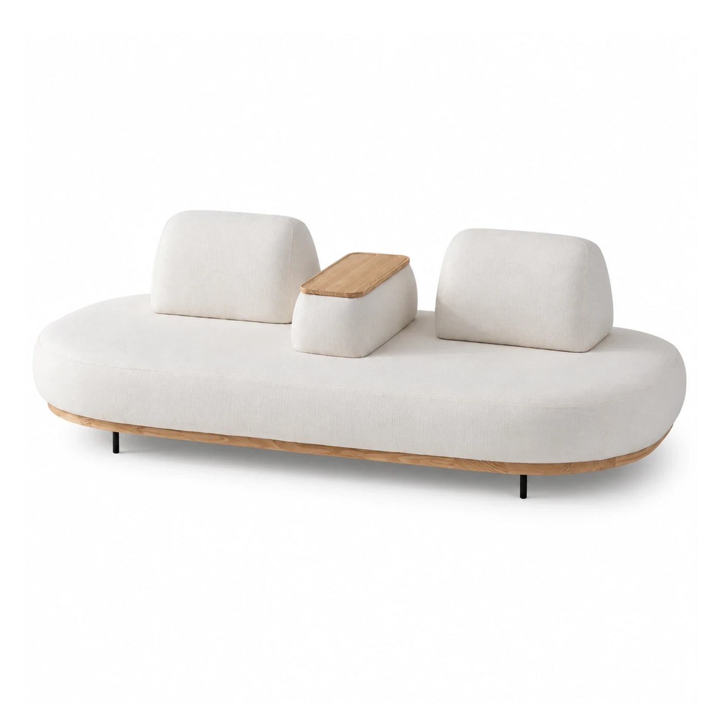 Cream Fabric Sofa with Wood Base and Center Table