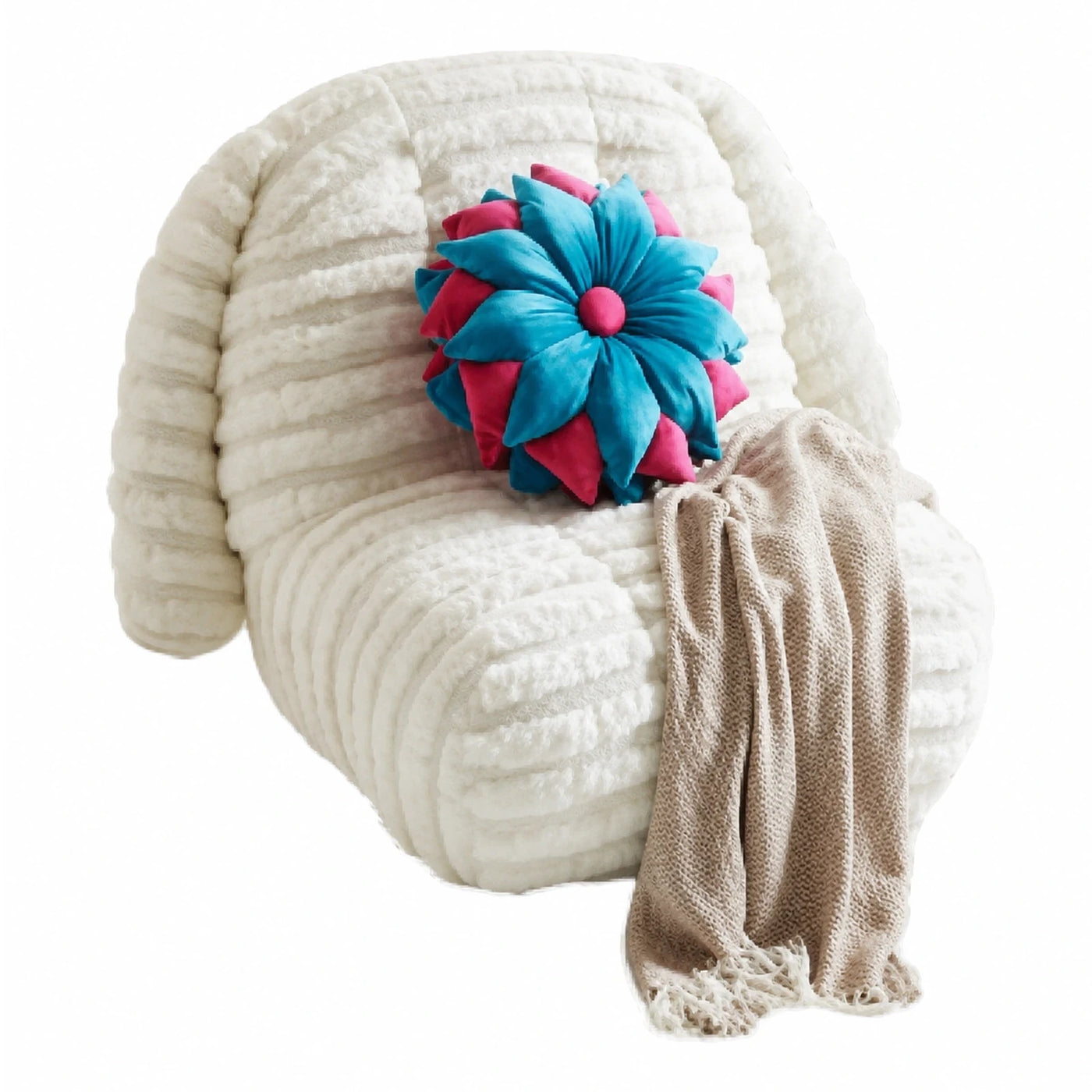 White Ribbed Boucle Lounge Chair with Flower Pillow