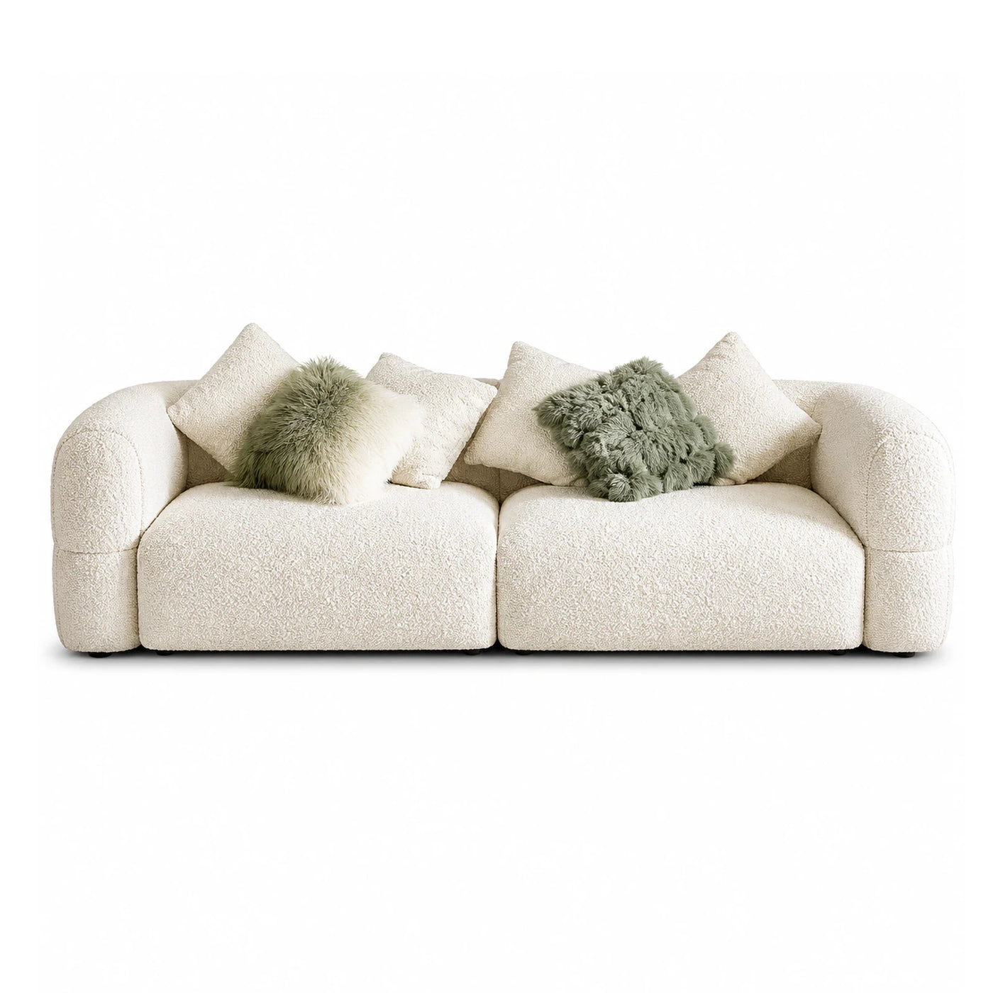 Cream Boucle Modular Sofa with Green Faux Fur Pillows