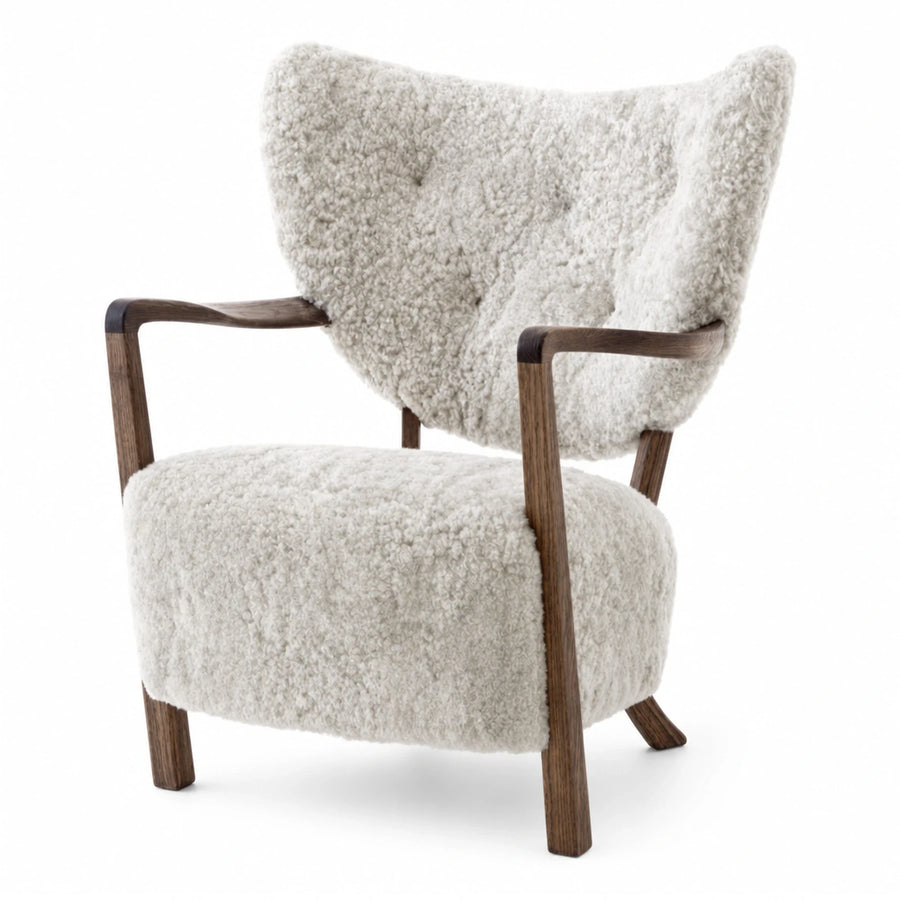 Linear White Boucle Armchair with Dark Wood Frame