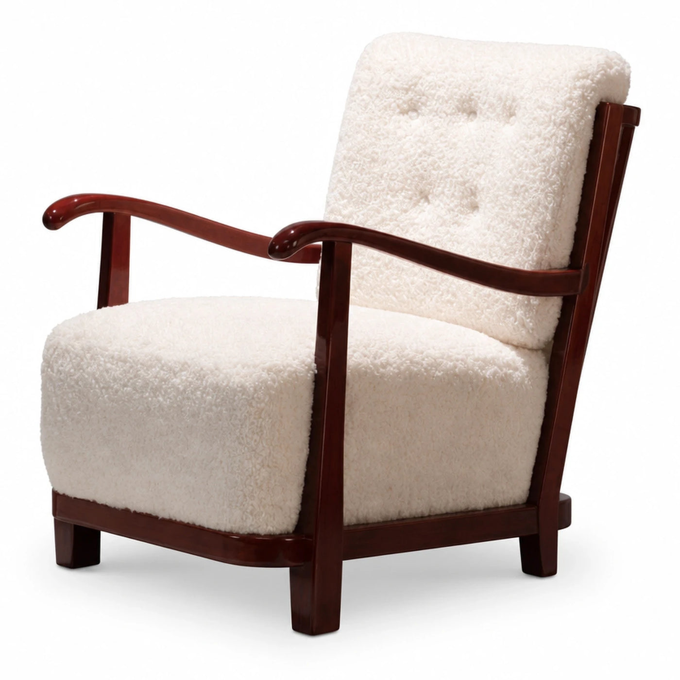 Wide Plank White Boucle Armchair with Dark Wood Frame