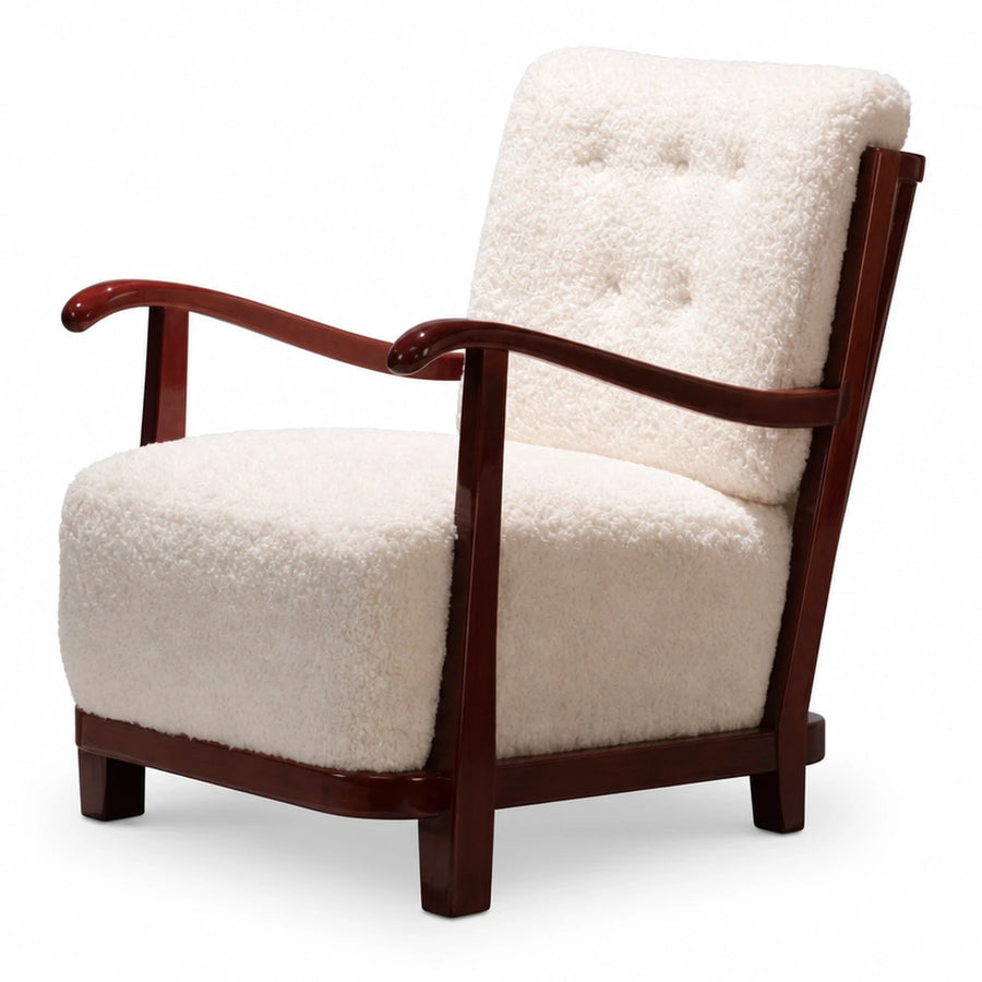 Wide Plank White Boucle Armchair with Dark Wood Frame