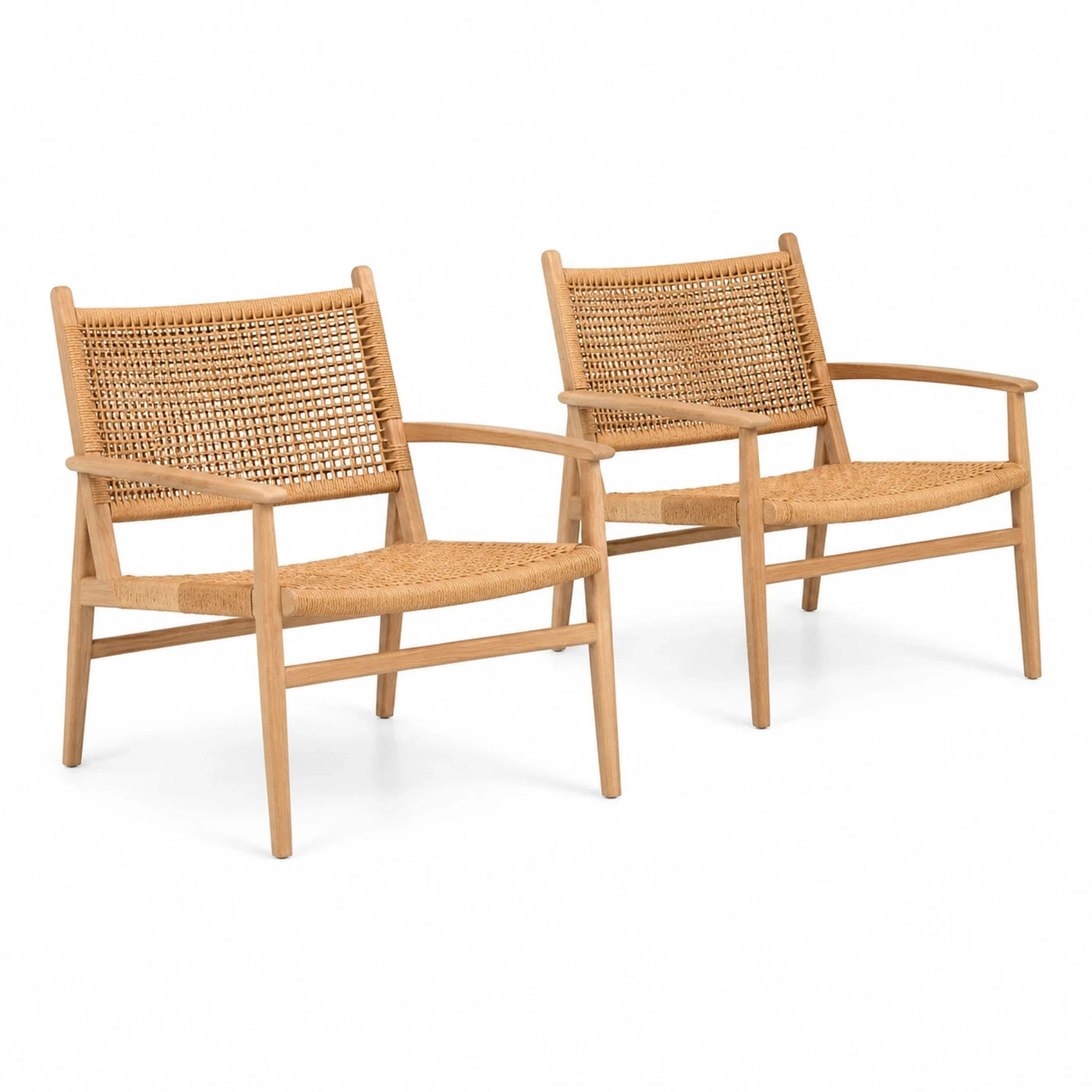 Natural Wood Rattan Weave Armchair Set