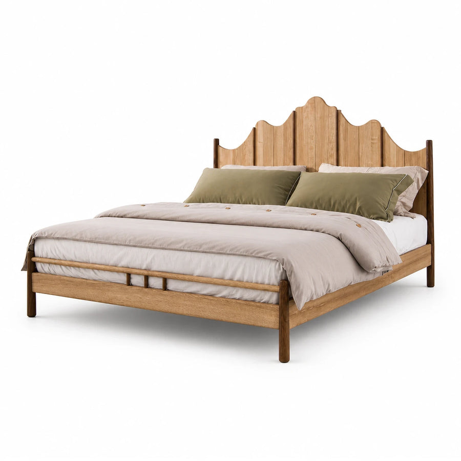 Linear Wooden Bed with Scalloped Headboard and Natural Finish Beds & Headboards
