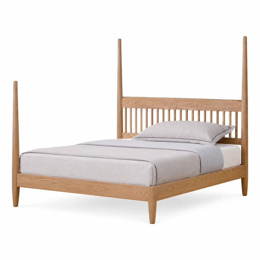 Light Oak Wood Four-Poster Bed with Spindle Headboard