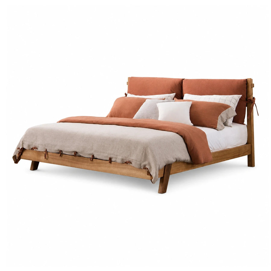 Wooden Platform Bed with Upholstered Headboard