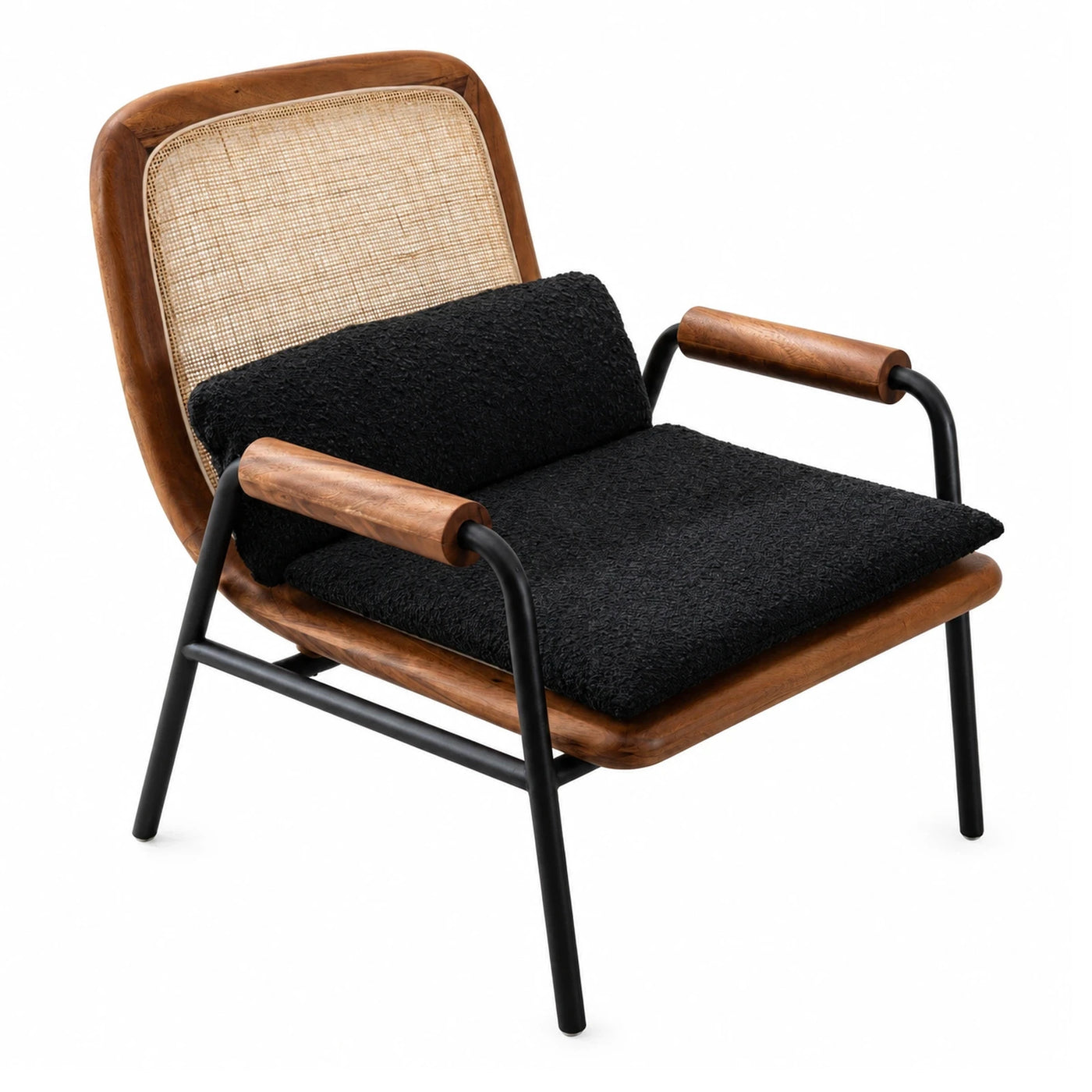 Modern Rattan Wood Armchair with Black Cushion