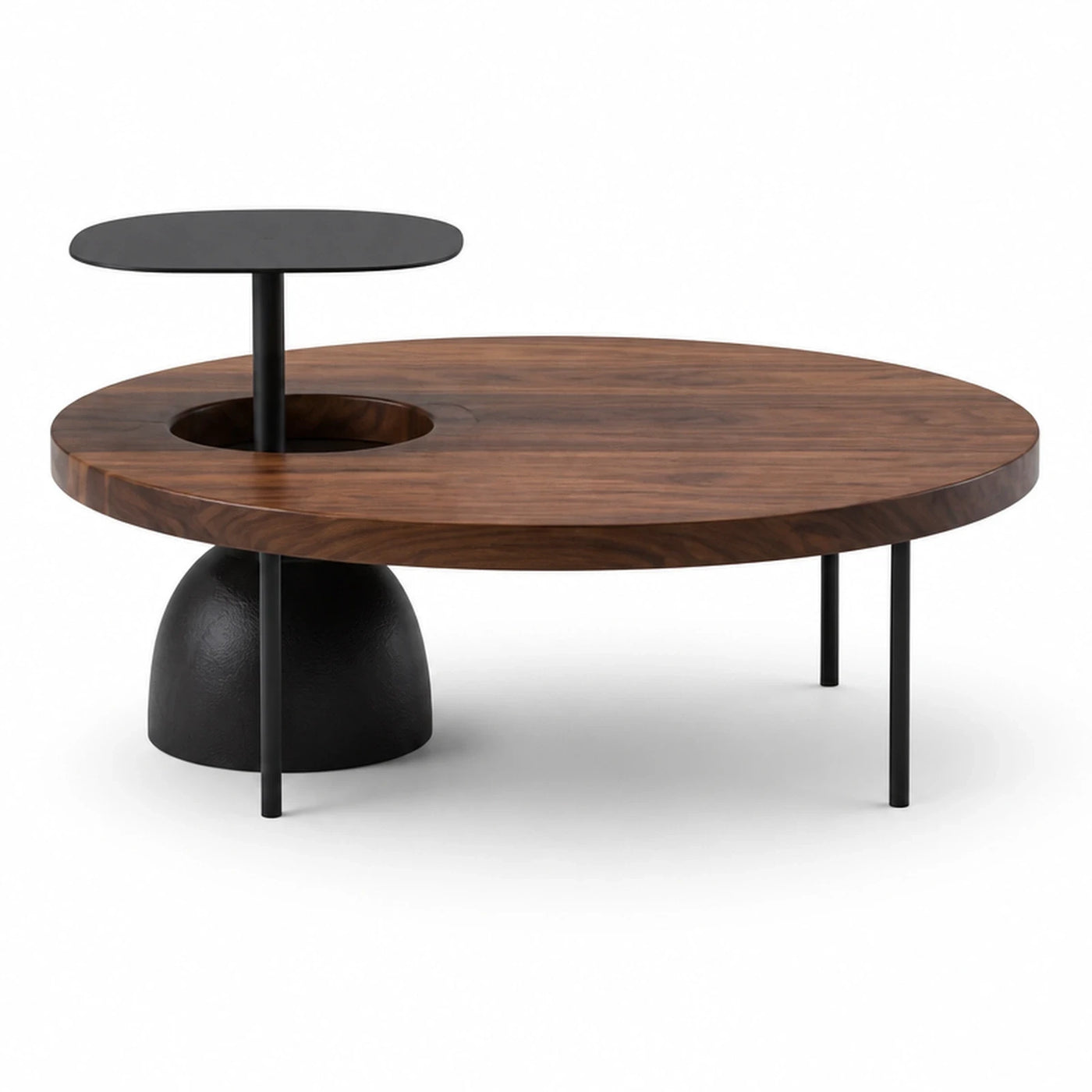 Round Walnut Coffee Table with Black Metal Side Table