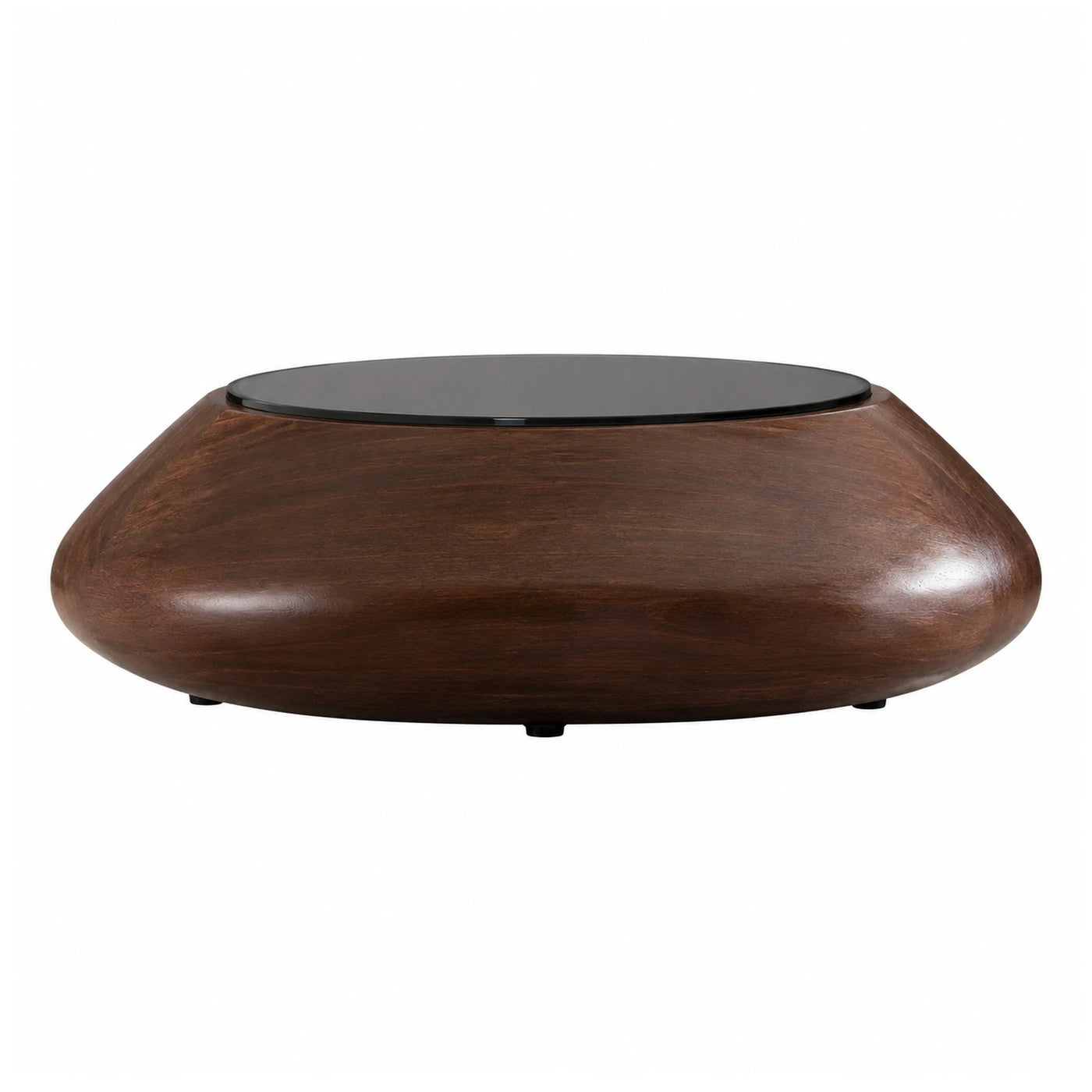 Round Dark Wood Coffee Table with Black Glass Top