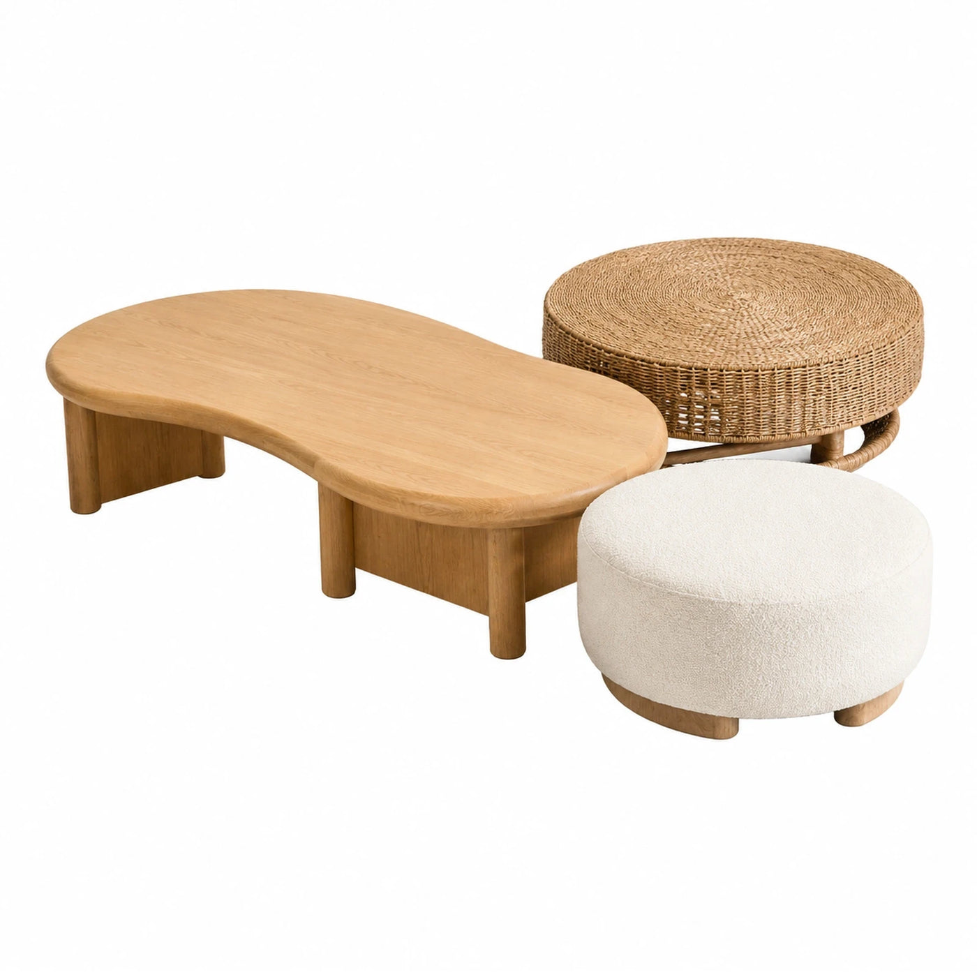 Organic Wood Coffee Table Set with Rattan and Boucle Ottomans