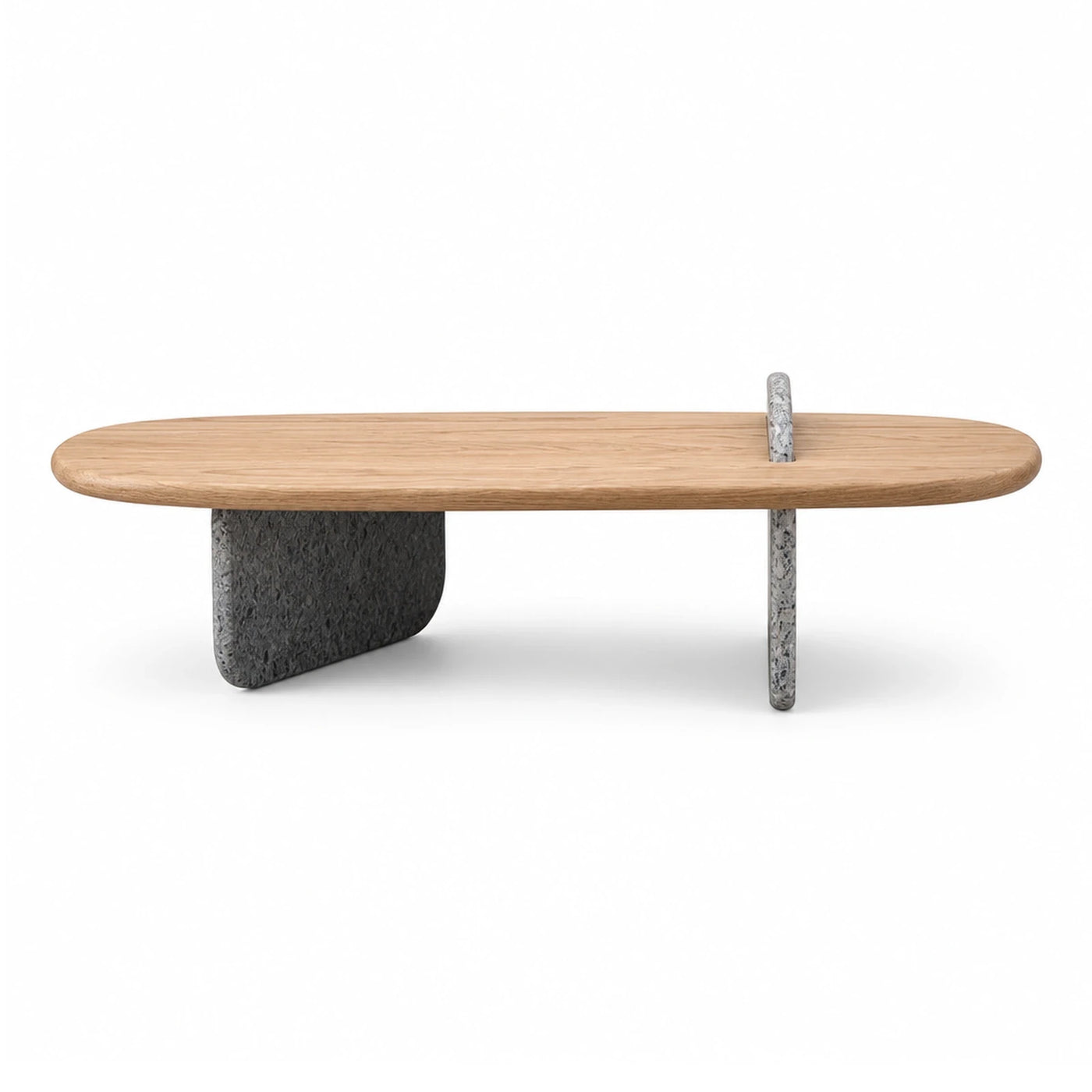 Oval Wood Coffee Table with Stone Base