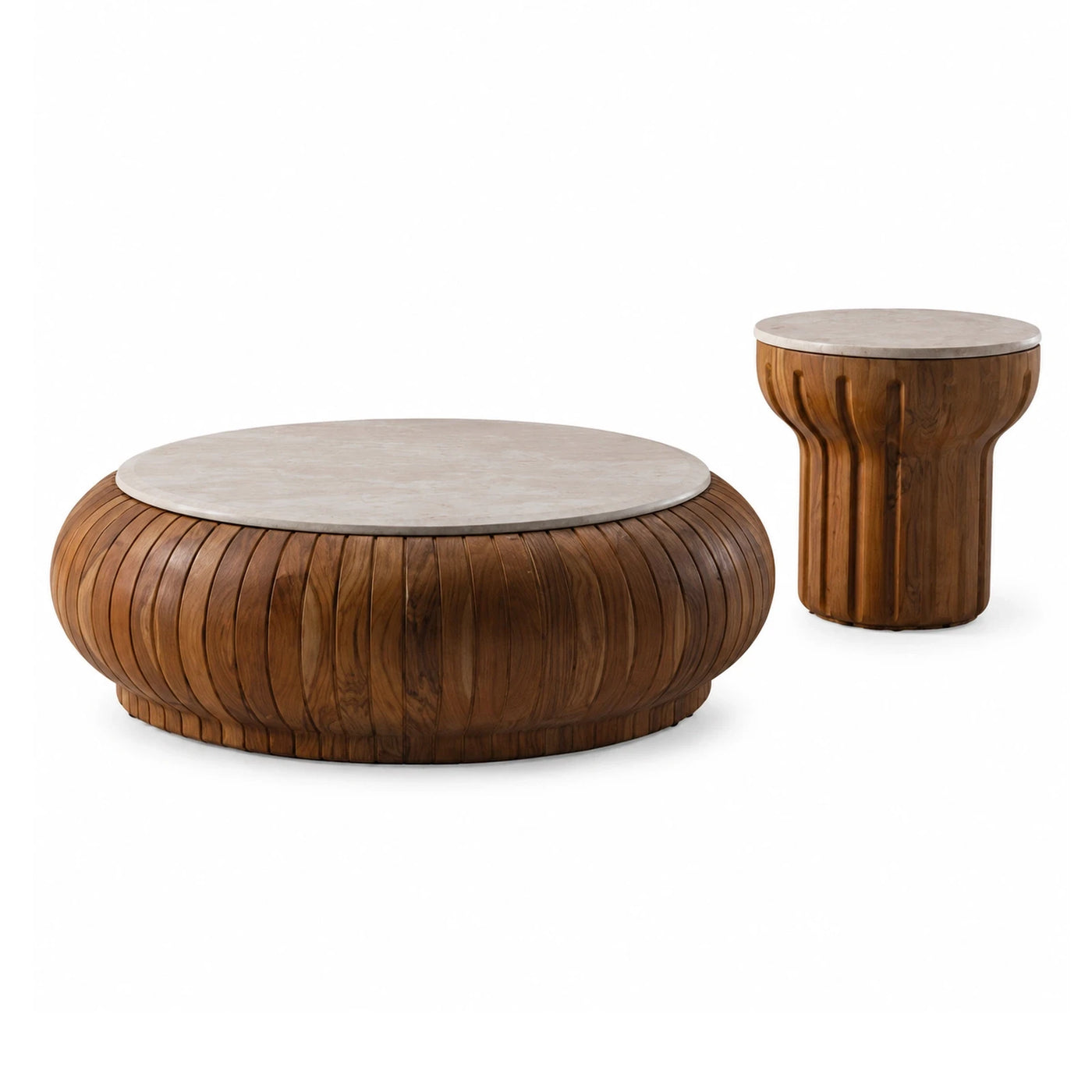 Round Wood Coffee Table Set with Stone Tops