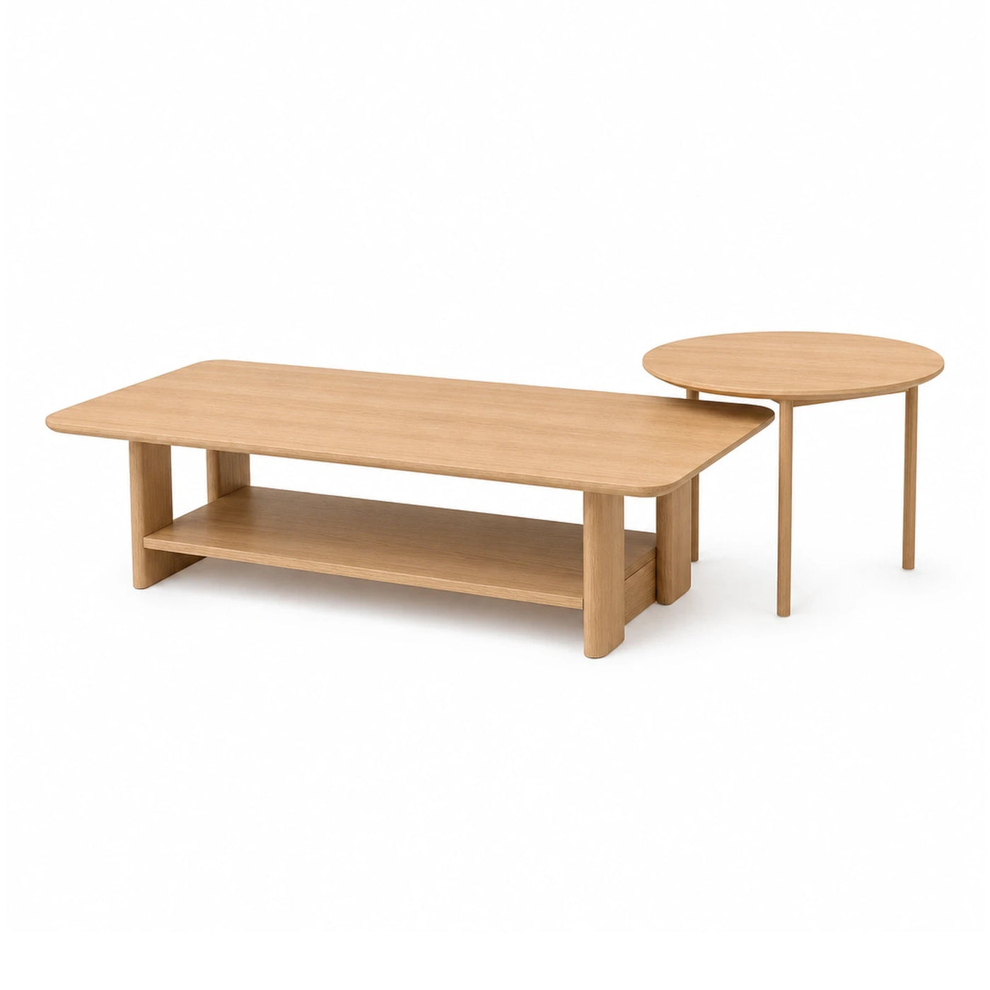Light Wood Coffee Table Set with Round Side Table